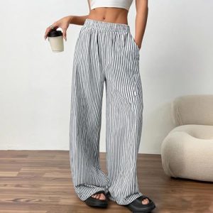 Women Linen Pants Wide Leg Striped Pant Elastic Waist Casual Lounge Loose Track Trousers with Side Pockets Black S at   Women’s Clothing store