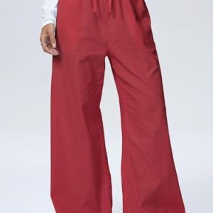 Cotton Pants Women, Wide Leg Lounge Pants for Women, Drawstring Waist Casual Pant Red XXL at   Women’s Clothing store