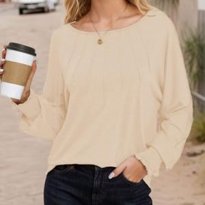   Women's Dressy Casual Blouses Pleated Long Sleeve Shirts Business Work Tops 2025 Spring Outfits Beige : Clothing, Shoes & Jewelry