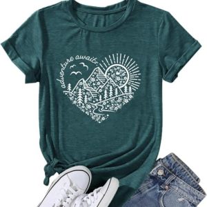 Adventure Awaits Shirts for Women Graphic Tees Kindness Heart Printed Hike Mountain Nature Travel Shirt Workout Tops at   Women’s Clothing store