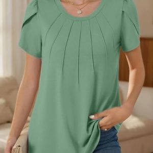 Womens Pleated Casual Summer Tops Short Sleeve Round Neck Shirts Green Grey at   Women’s Clothing store