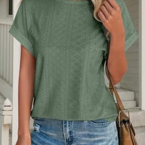 Womens Tops Eyelet Embroidery Summer Fall Curved Hem Short Sleeve Trendy T Shirts Outfits Beach Vacation Clothes Green at   Women’s Clothing store