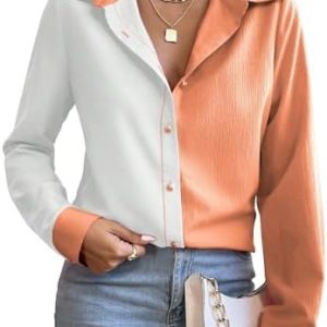   Women's Color Block Button Down Shirt Collared Top Long Sleeve Blouse Orange White Large : Clothing, Shoes & Jewelry