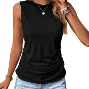 Women's Summer Sleeveless Shirt Crew Neck Ribbed Fabric Solid Elastic Loose Fit Soft Casual Basic Versatile Top Black S at   Women’s Clothing store