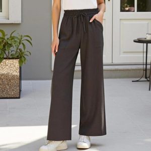 Women's Wide Leg Lounge Palazzo Pants with Elastic Drawstring Waist High Waist Side Pockets Loose Solid Trousers Dark Brown L at   Women’s Clothing store
