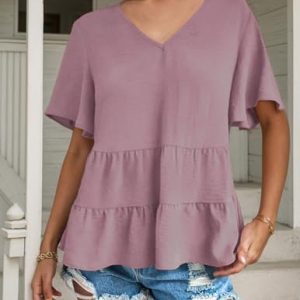 Women's Casual Ruffle Short Sleeve Blouses Crewneck Loose Tops Pink at   Women’s Clothing store