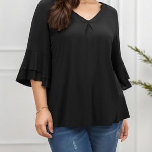3/4 Length Sleeve Womens Tops Summer Loose V-Neck T-Shirts Dressy Casual Ruffle Sleeve Tunic Blouses Black at   Women’s Clothing store