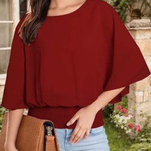   Blouses for Women 2025 Short Sleeve Shirts Crewneck Chiffon Smocked Waist Work Shirt Red : Clothing, Shoes & Jewelry