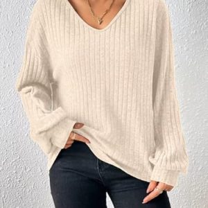 Women's Fall V Neck Sweaters 2025 Loose Fit Lightweight Casual Tunic Fashion Tops Apricot at   Women’s Clothing store