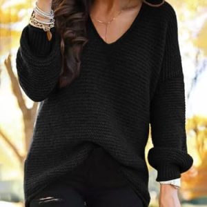 Women's Knit Sweaters Oversized V Neck Long Sleeve Loose Lightweight Pullover Tops Black at   Women’s Clothing store