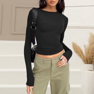   Women's Long Sleeve Crop Top - Stretchy Comfort Fit, Casual & Workout Wear(Black S) : Clothing, Shoes & Jewelry