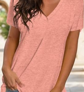 Womens Tops Short Sleeve V Neck T Shirts Summer Solid Color Tunics for Juniors Coral XL at   Women’s Clothing store
